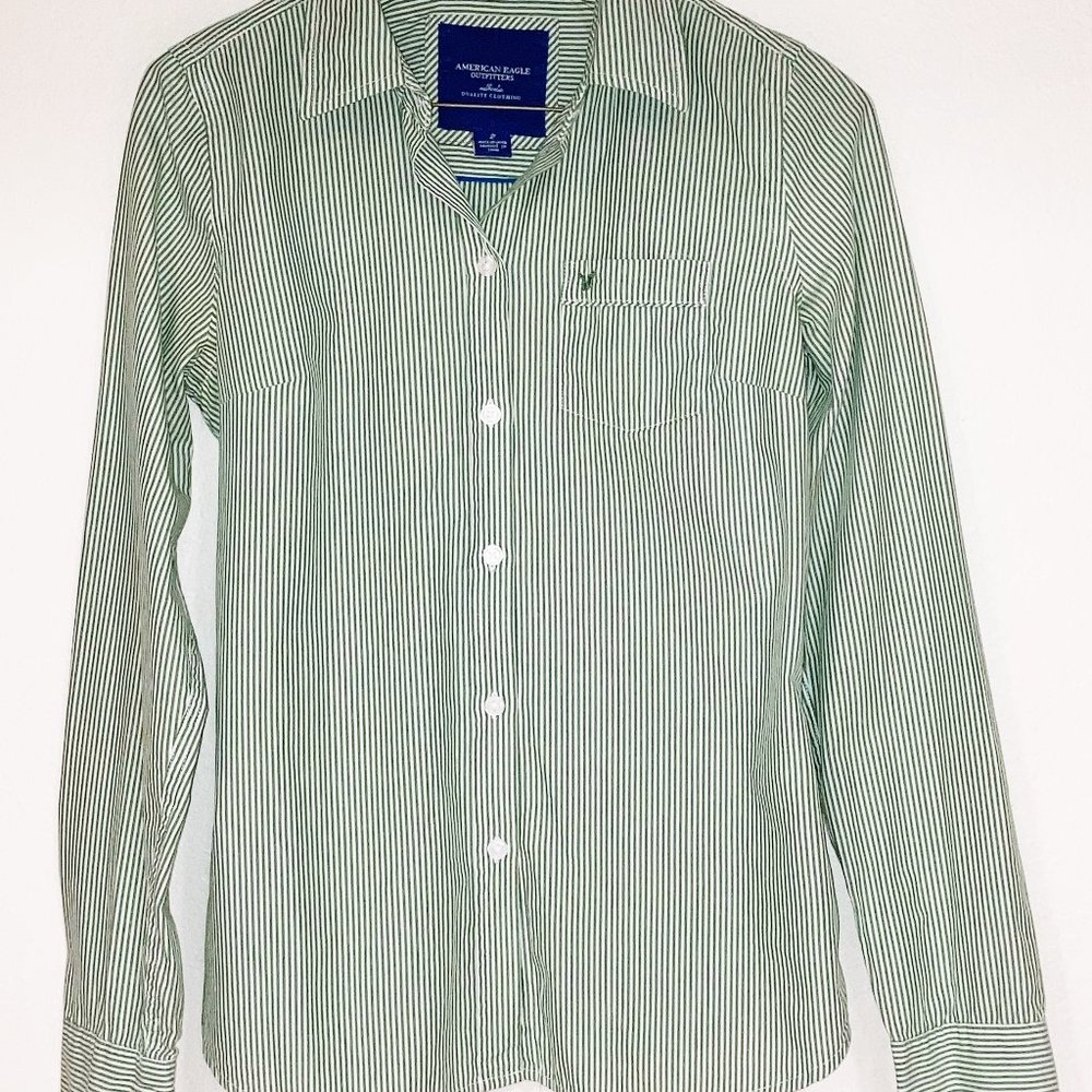 AMERICAN EAGLE FAVORITE Oxford Shirt Size 2 Long Sleeve Button Down GREEN Stripe